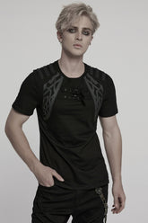 Black Round Collar Short Sleeves Studded Buckle Strap Men's Punk T-Shirt